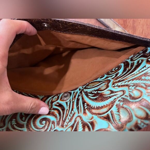 Patricia Nash Rosolini Tooled Leather Saddle Bag Turquoise Brown Crossbody Boho - Picture 15 of 16